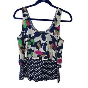 Meadow Rue Anthropologie Tank Top Blue Floral Polka Dot Blouse Size Small